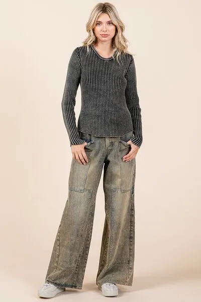 Hazel Blues® |  Mittoshop Washed Wide Leg Jeans with Pockets