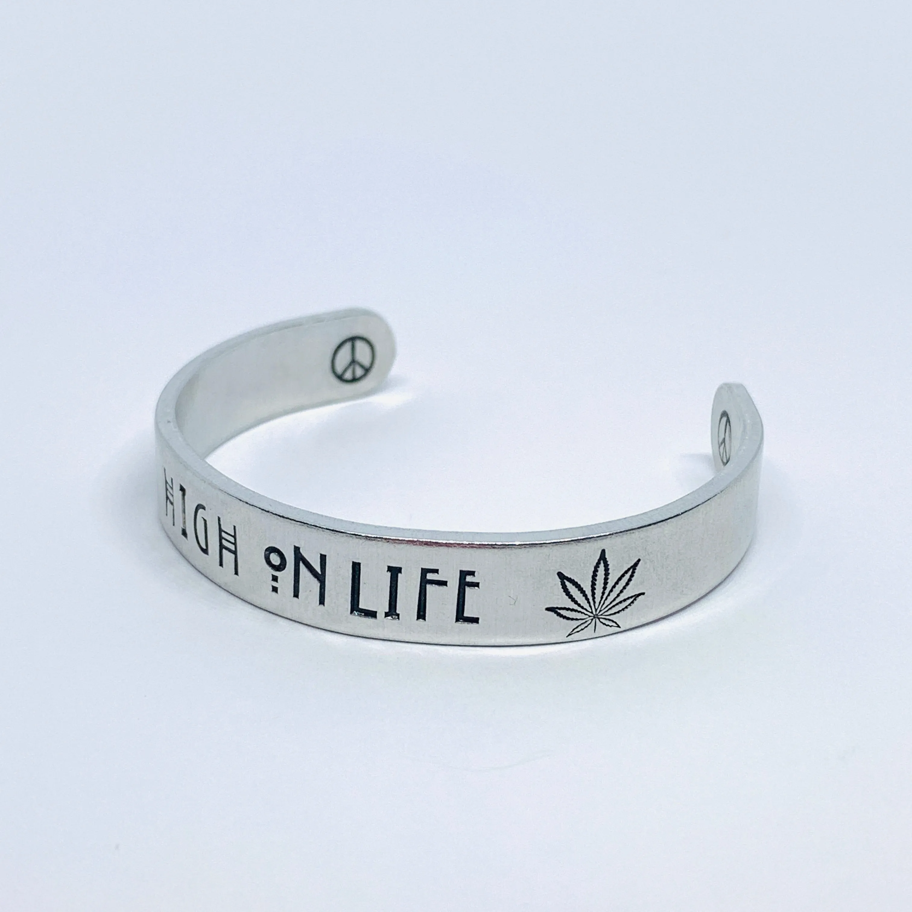 High on Life Hand Stamped Cuff Bracelet | Marijuana Hemp Leaf Dispensary Mary Jane | Stoned | Weed