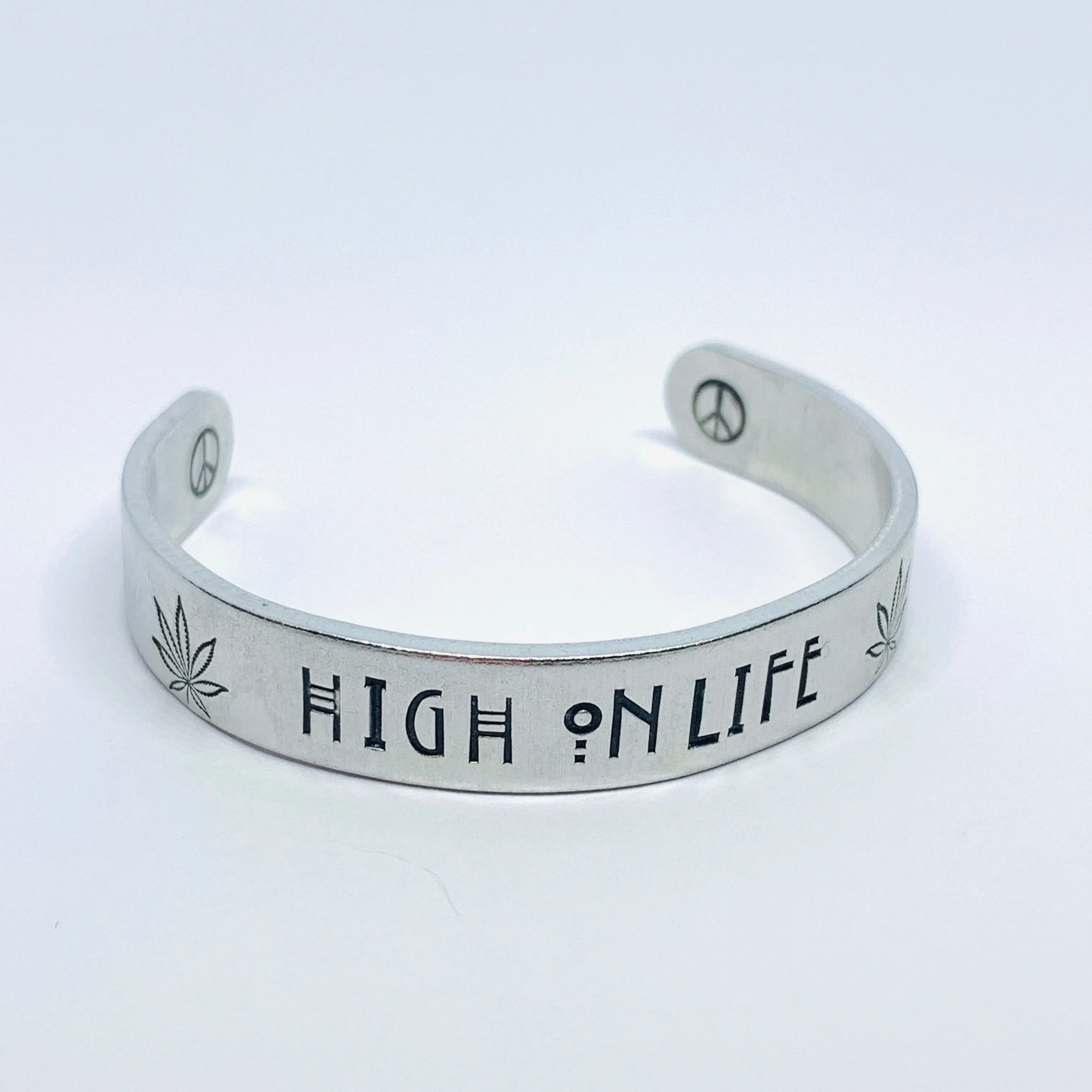 High on Life Hand Stamped Cuff Bracelet | Marijuana Hemp Leaf Dispensary Mary Jane | Stoned | Weed