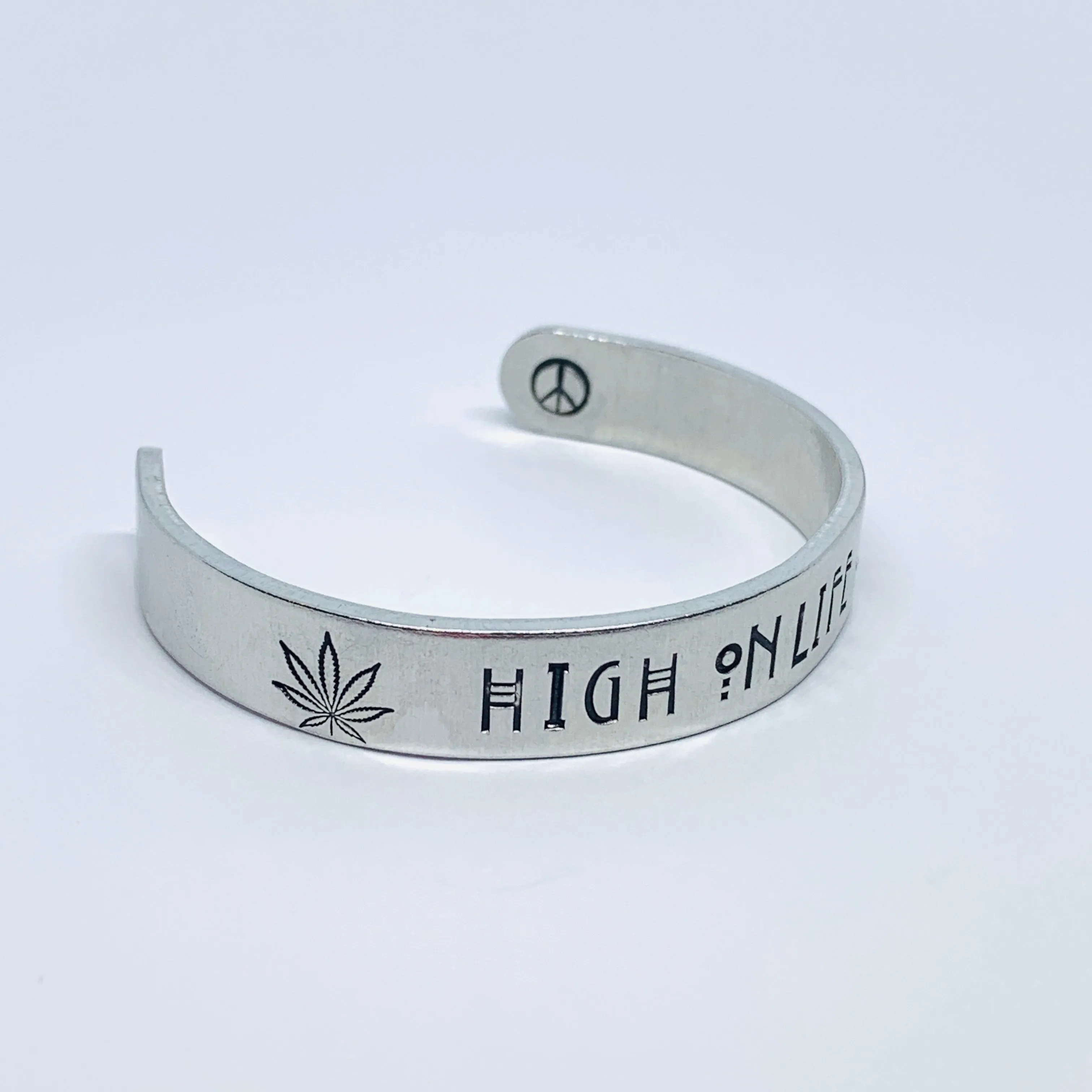 High on Life Hand Stamped Cuff Bracelet | Marijuana Hemp Leaf Dispensary Mary Jane | Stoned | Weed
