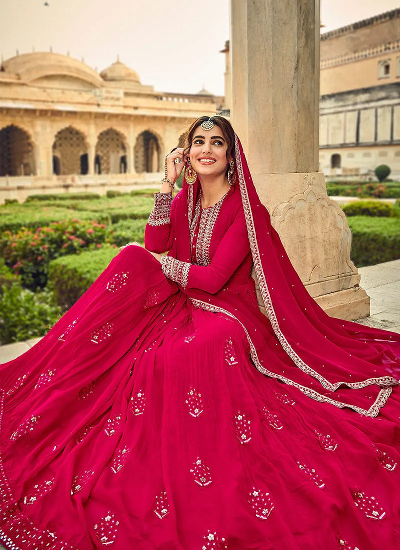 Hot Pink Embroidered Indian Festive Wear Anarkali Suit