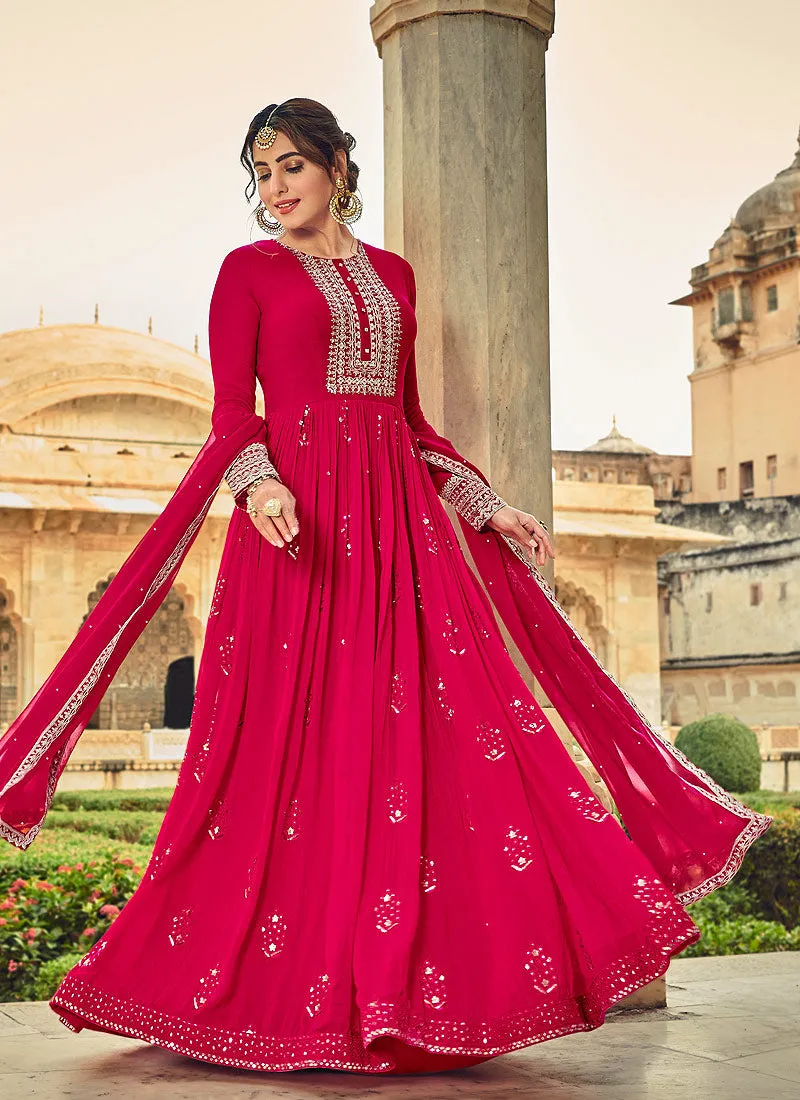 Hot Pink Embroidered Indian Festive Wear Anarkali Suit