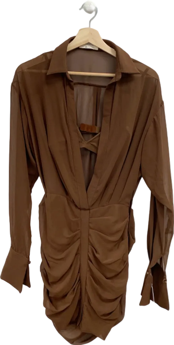 House of CB Brown Sheer Ruched Shirt Dress with Matching Bra XS