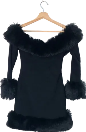 house of cb Keilani Long Sleeve Minidress with Faux Fur Trim UK XS