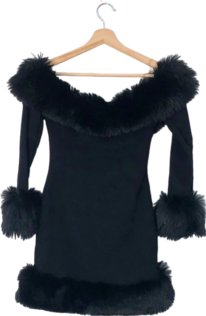 house of cb Keilani Long Sleeve Minidress with Faux Fur Trim UK XS