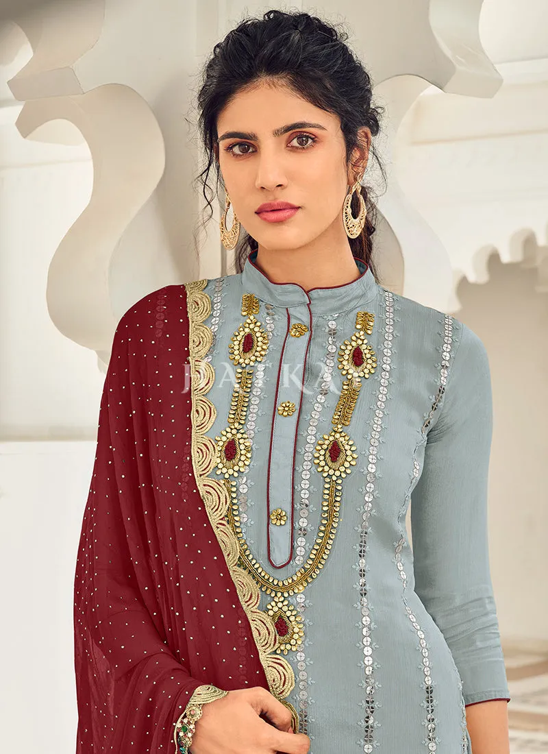 Ice Blue And Maroon Embroidered Gharara Style Suit