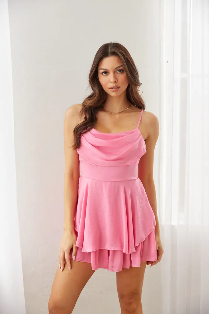 Isla Cowl Neck Satin Romper in Pink