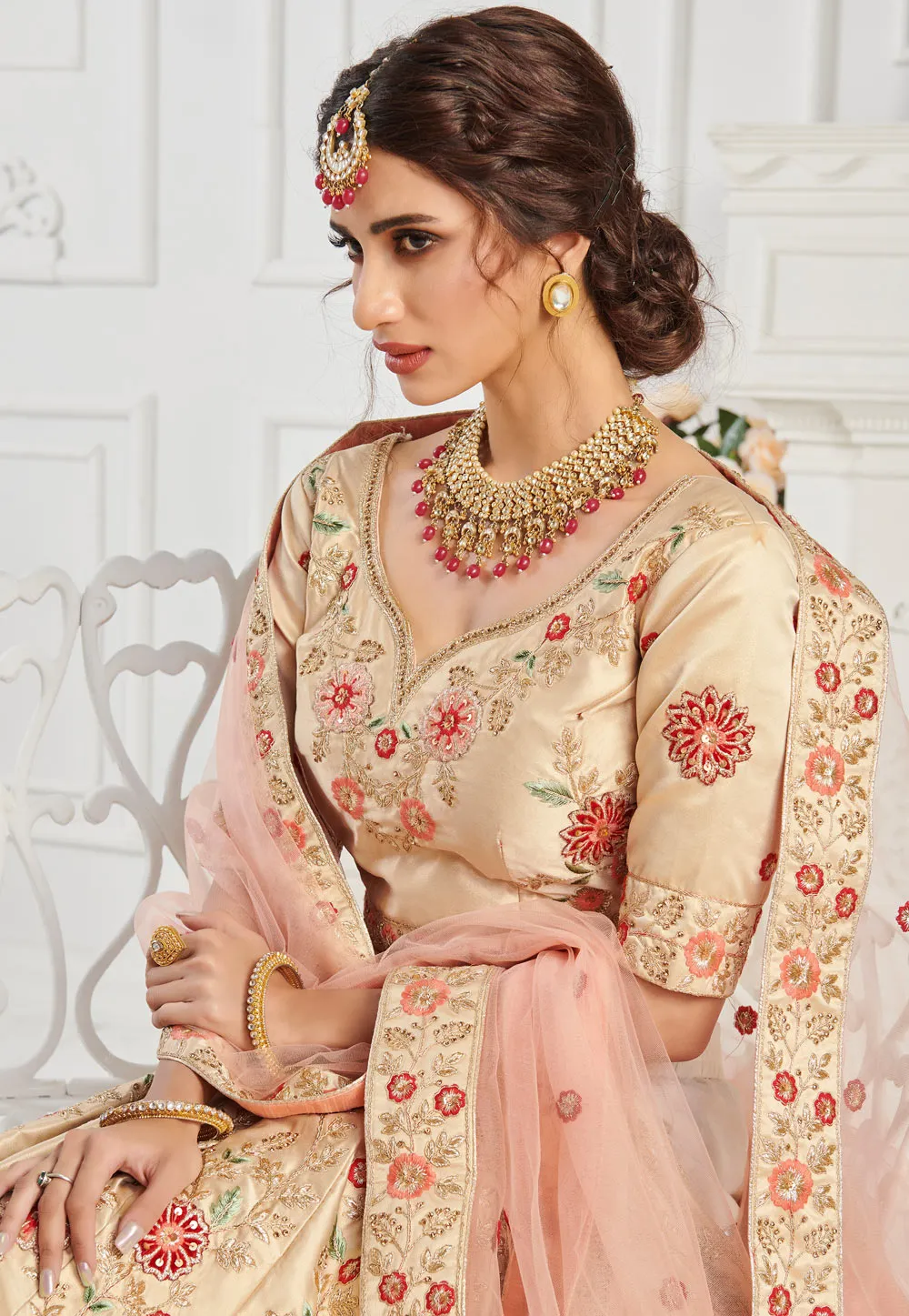 Ivory Cream Floral Embroidered Lehenga Choli