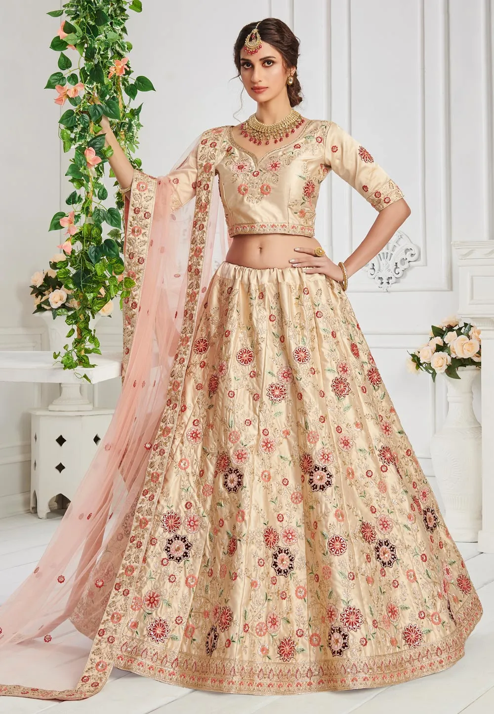 Ivory Cream Floral Embroidered Lehenga Choli