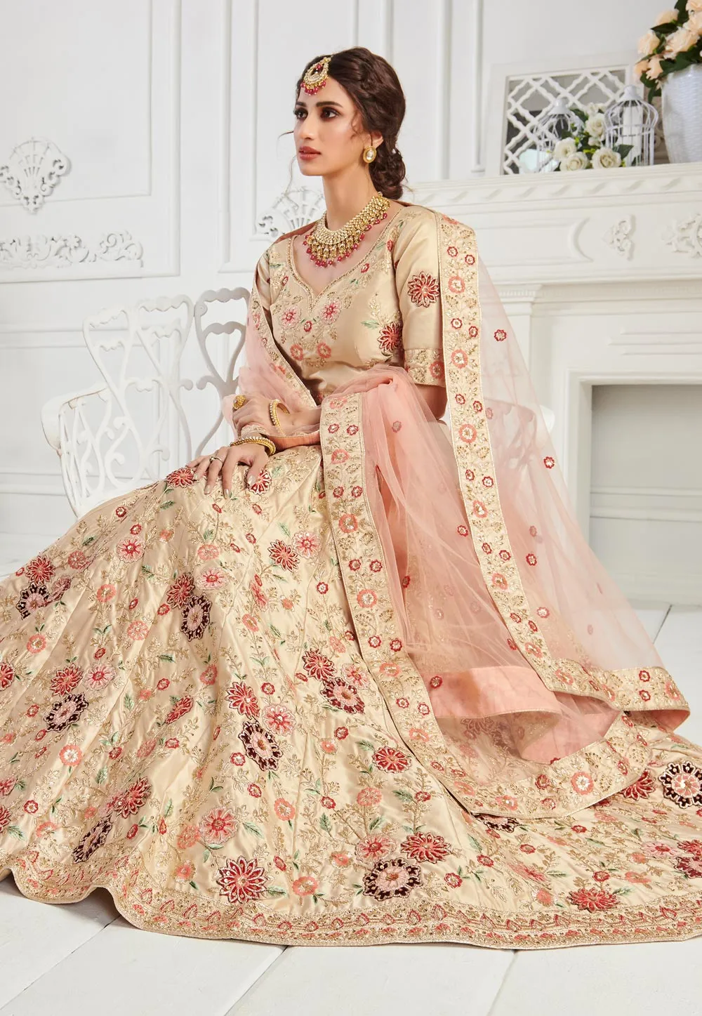 Ivory Cream Floral Embroidered Lehenga Choli