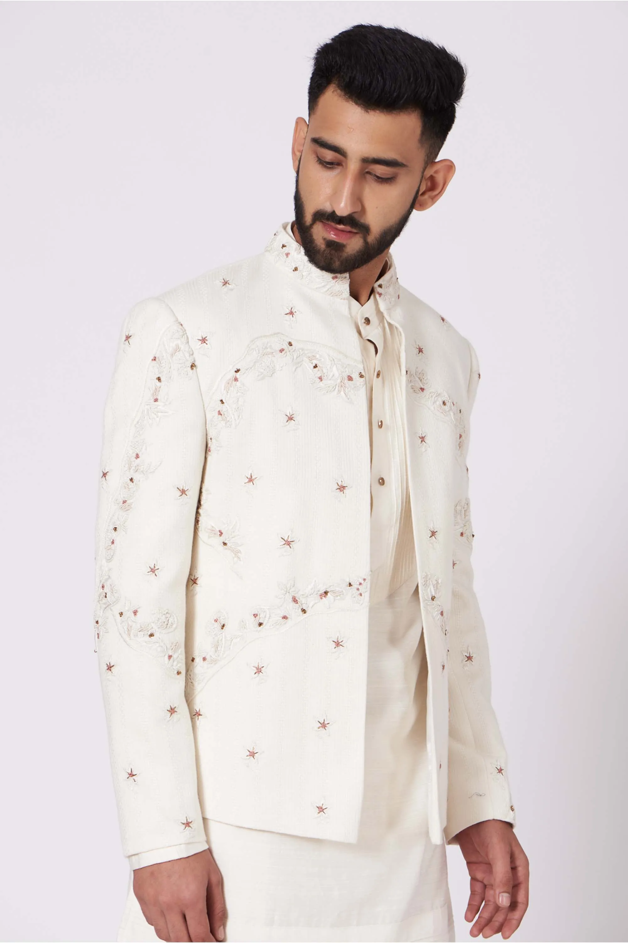 Ivory Short Jacket With Kurta And Trouser