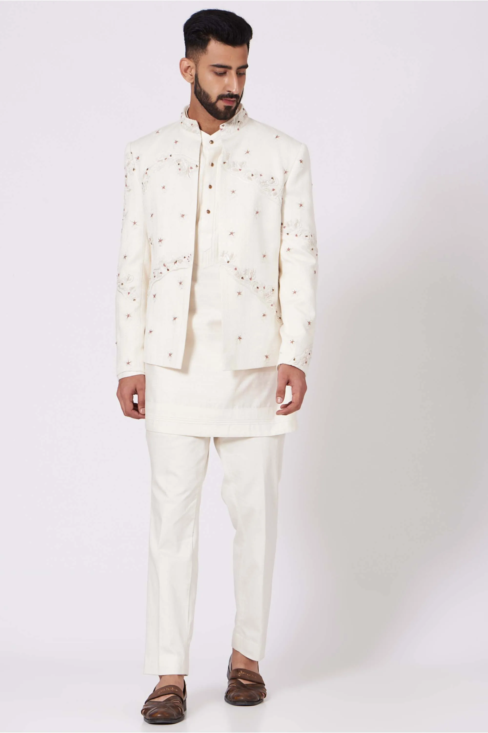 Ivory Short Jacket With Kurta And Trouser