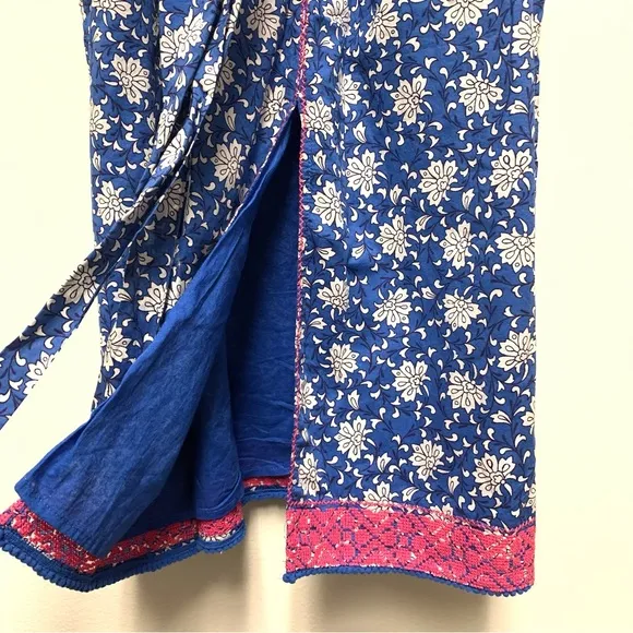 J Crew Belted Tunic Kaftan Dress Medium Night Sky Block Print Embroidered Cotton