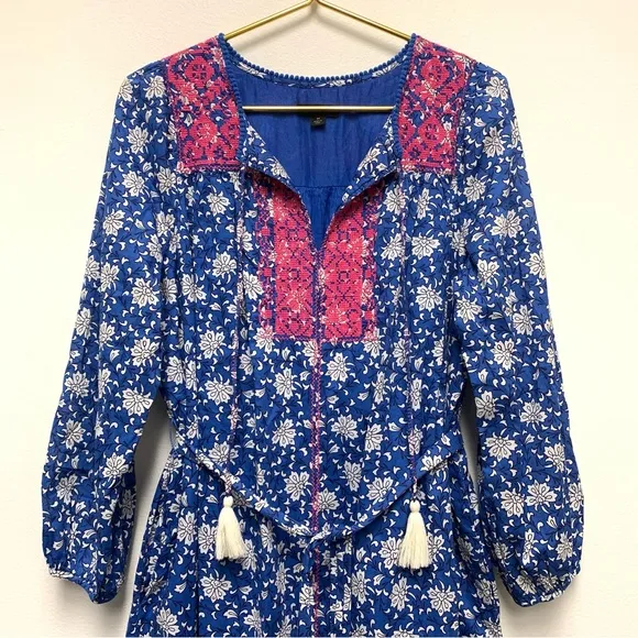 J Crew Belted Tunic Kaftan Dress Medium Night Sky Block Print Embroidered Cotton