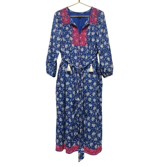 J Crew Belted Tunic Kaftan Dress Medium Night Sky Block Print Embroidered Cotton