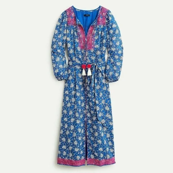 J Crew Belted Tunic Kaftan Dress Medium Night Sky Block Print Embroidered Cotton
