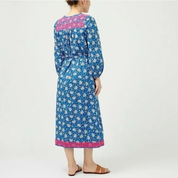 J Crew Belted Tunic Kaftan Dress Medium Night Sky Block Print Embroidered Cotton