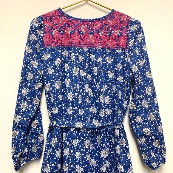 J Crew Belted Tunic Kaftan Dress Medium Night Sky Block Print Embroidered Cotton