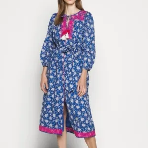 J Crew Belted Tunic Kaftan Dress Medium Night Sky Block Print Embroidered Cotton