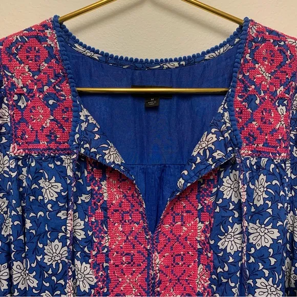 J Crew Belted Tunic Kaftan Dress Medium Night Sky Block Print Embroidered Cotton
