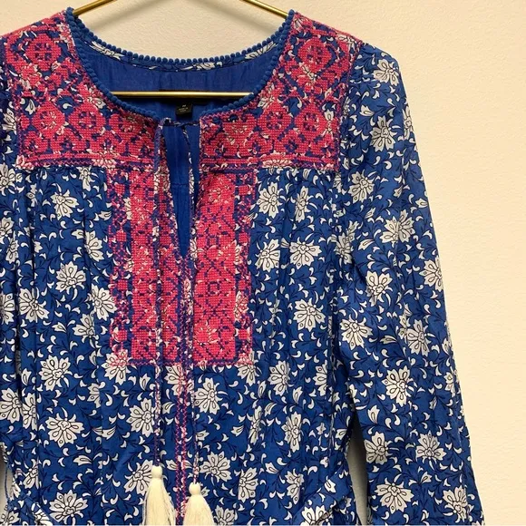 J Crew Belted Tunic Kaftan Dress Medium Night Sky Block Print Embroidered Cotton