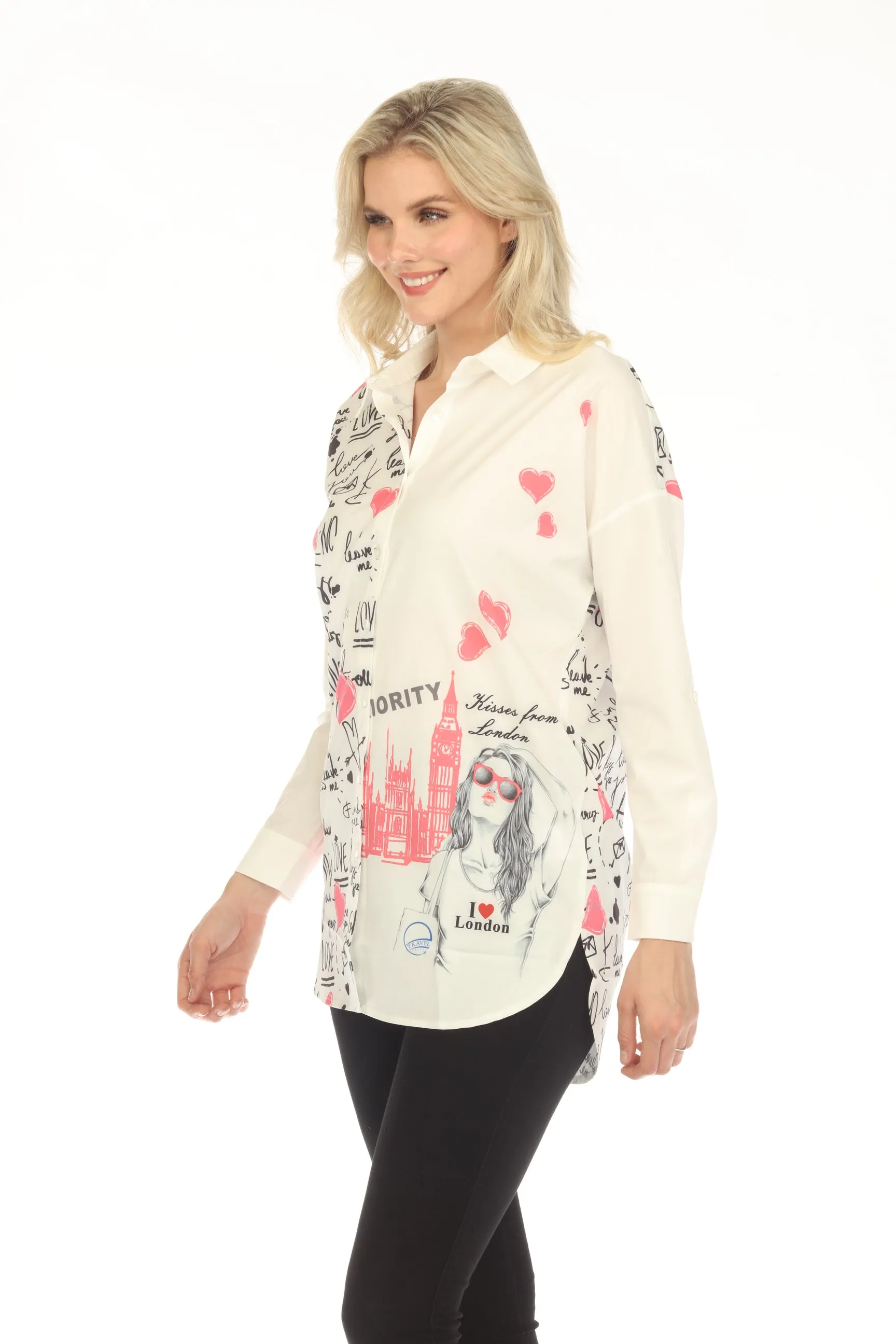 Jane & John by Tricotto White/Multi Printed Button-Down Tunic Top Blouse J-267-266