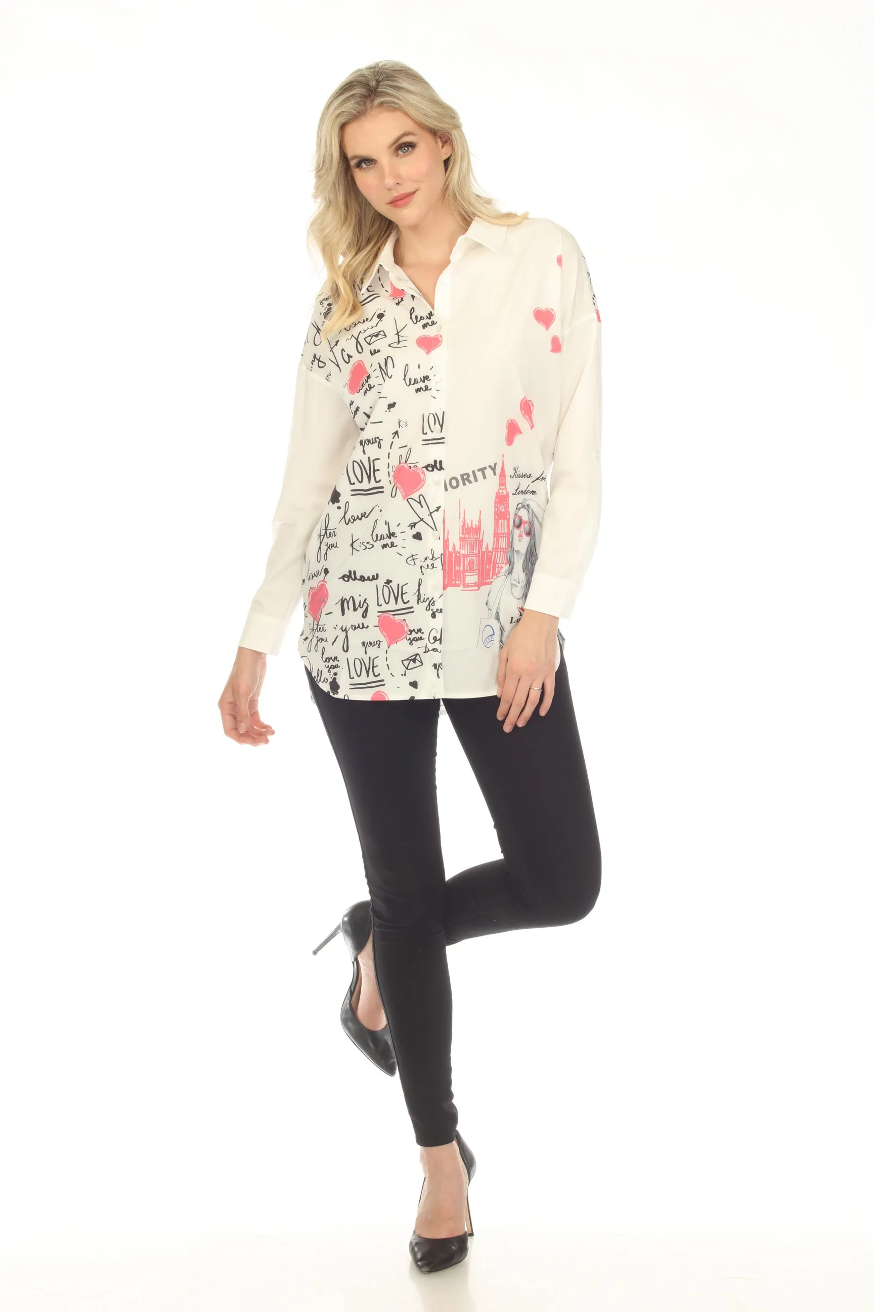 Jane & John by Tricotto White/Multi Printed Button-Down Tunic Top Blouse J-267-266