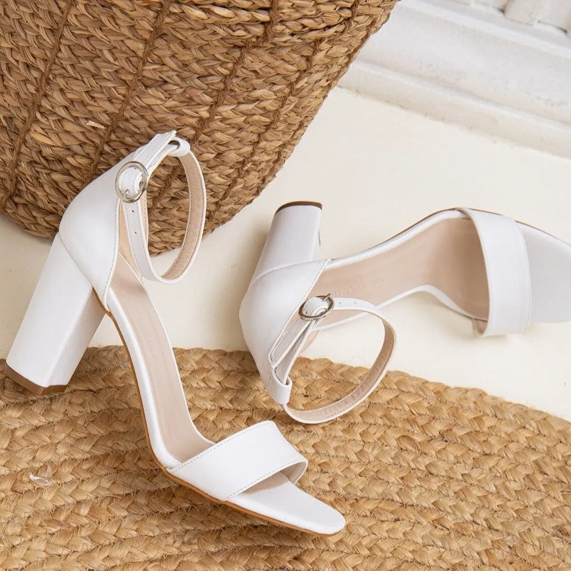 Jess Vegan Leather Open Toe Block Wedding Heels | White