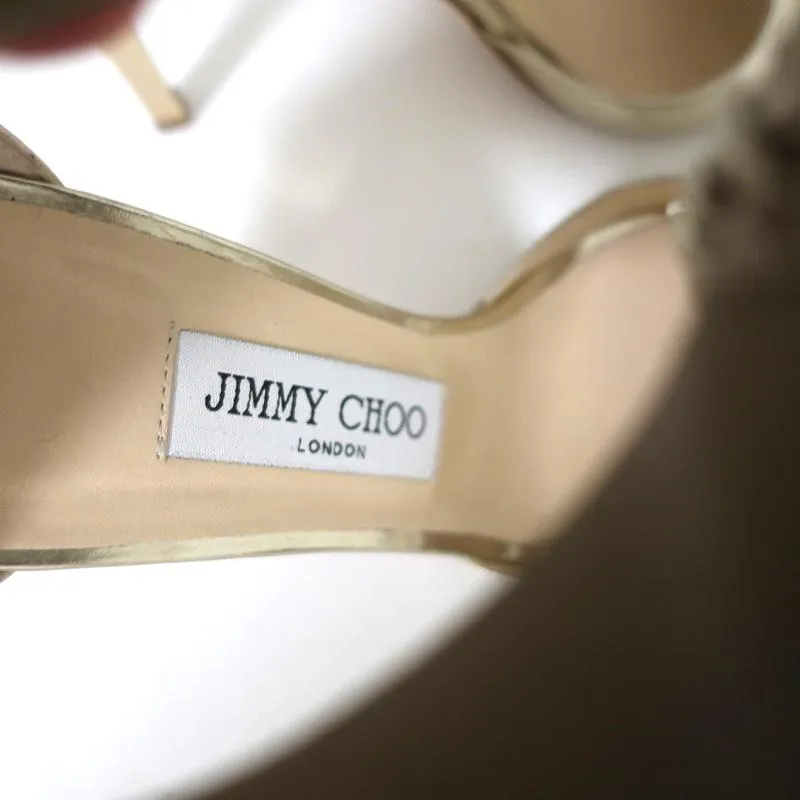 Jimmy Choo Lace-Up Ankle Cuff Sandal Gold Metallic Leather Size 37 Open Toe Heel