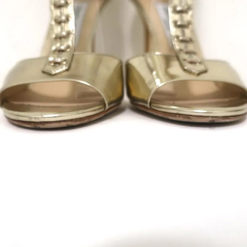 Jimmy Choo Lace-Up Ankle Cuff Sandal Gold Metallic Leather Size 37 Open Toe Heel