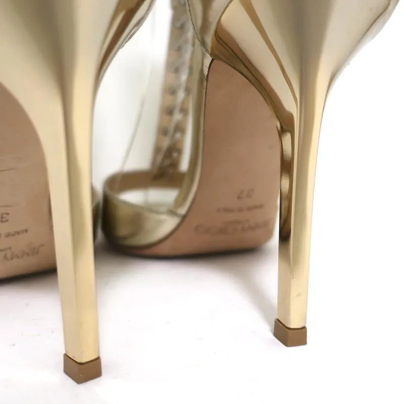Jimmy Choo Lace-Up Ankle Cuff Sandal Gold Metallic Leather Size 37 Open Toe Heel