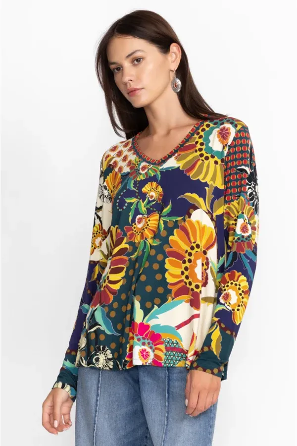 Johnny Was Kimbra Favorite Long Sleeve Shirt V Neck Swing Tee Yellow Top XXL New