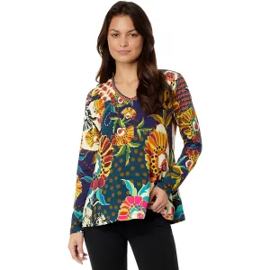 Johnny Was Kimbra Favorite Long Sleeve Shirt V Neck Swing Tee Yellow Top XXL New