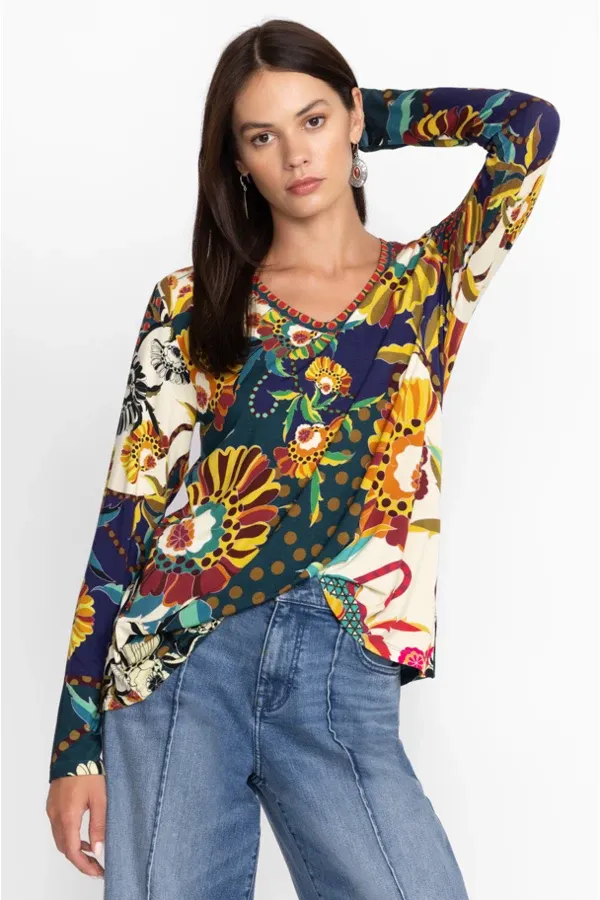 Johnny Was Kimbra Favorite Long Sleeve Shirt V Neck Swing Tee Yellow Top XXL New