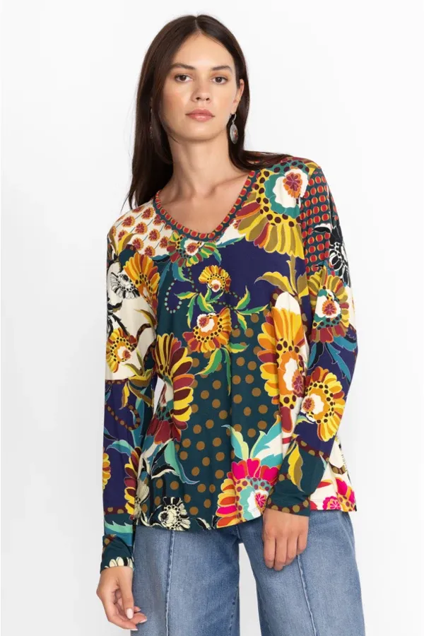 Johnny Was Kimbra Favorite Long Sleeve Shirt V Neck Swing Tee Yellow Top XXL New
