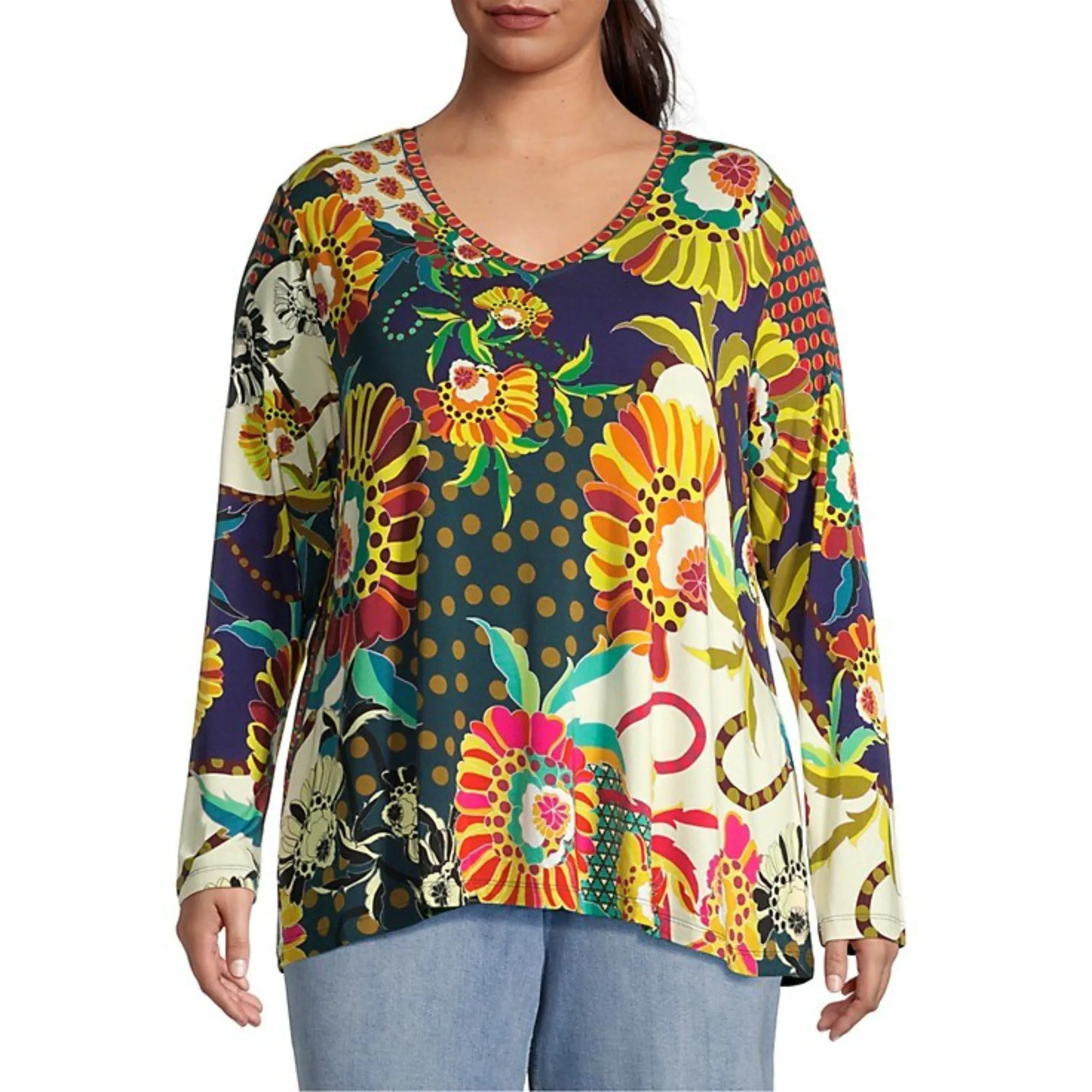 Johnny Was Kimbra Favorite Long Sleeve Shirt V Neck Swing Tee Yellow Top XXL New
