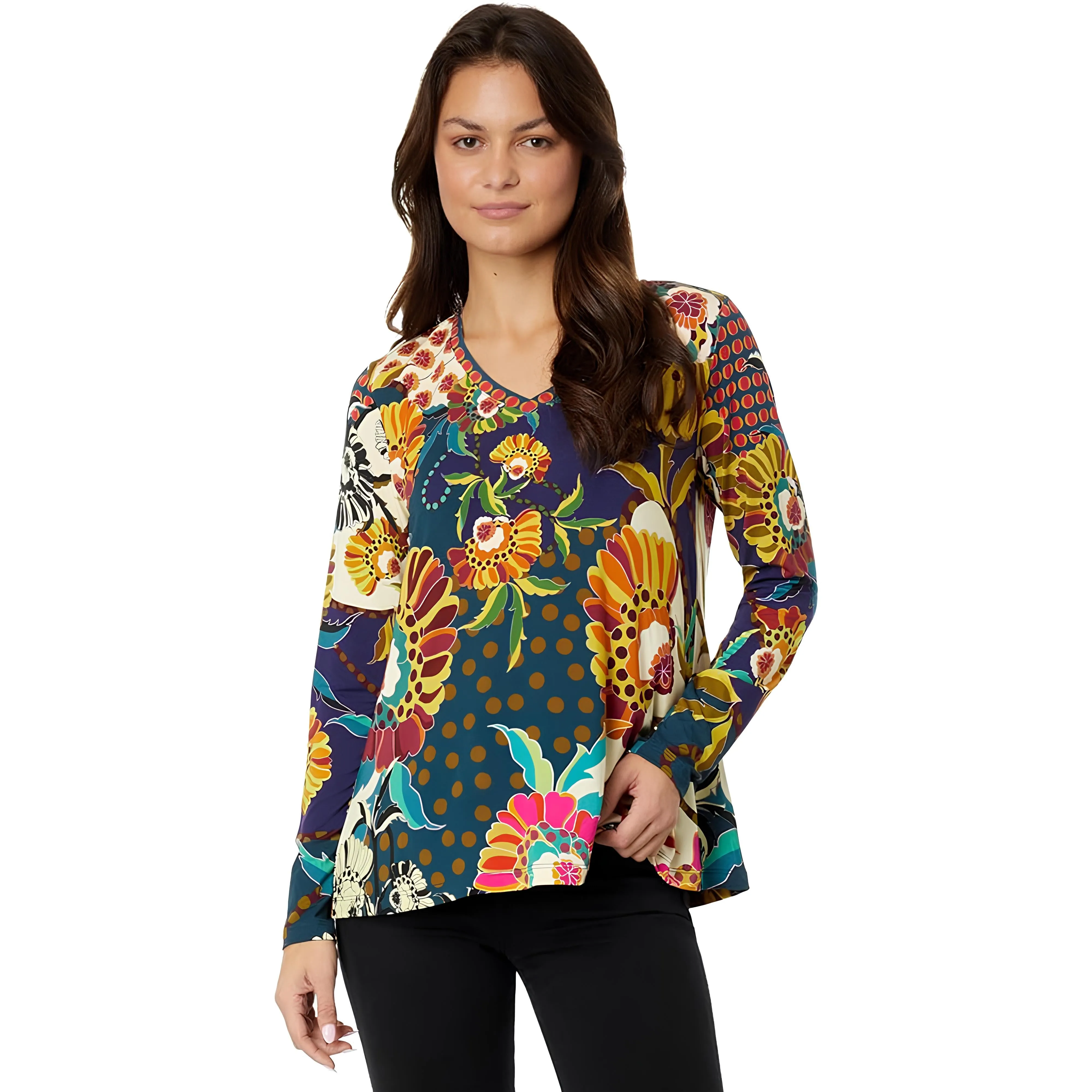 Johnny Was Kimbra Favorite Long Sleeve Shirt V Neck Swing Tee Yellow Top XXL New
