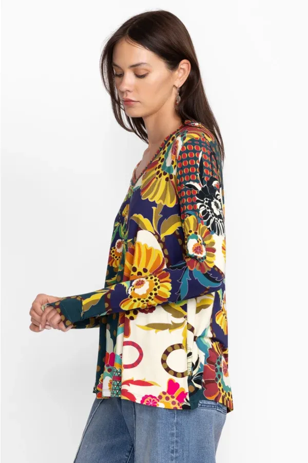 Johnny Was Kimbra Favorite Long Sleeve Shirt V Neck Swing Tee Yellow Top XXL New