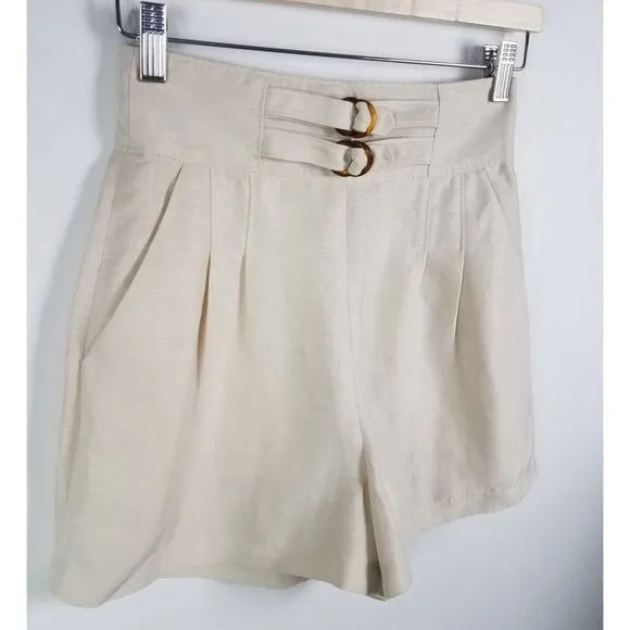 Joie Women's Sz. 2 High Rise Linen Blend Pleated Front Double Buckle Shorts