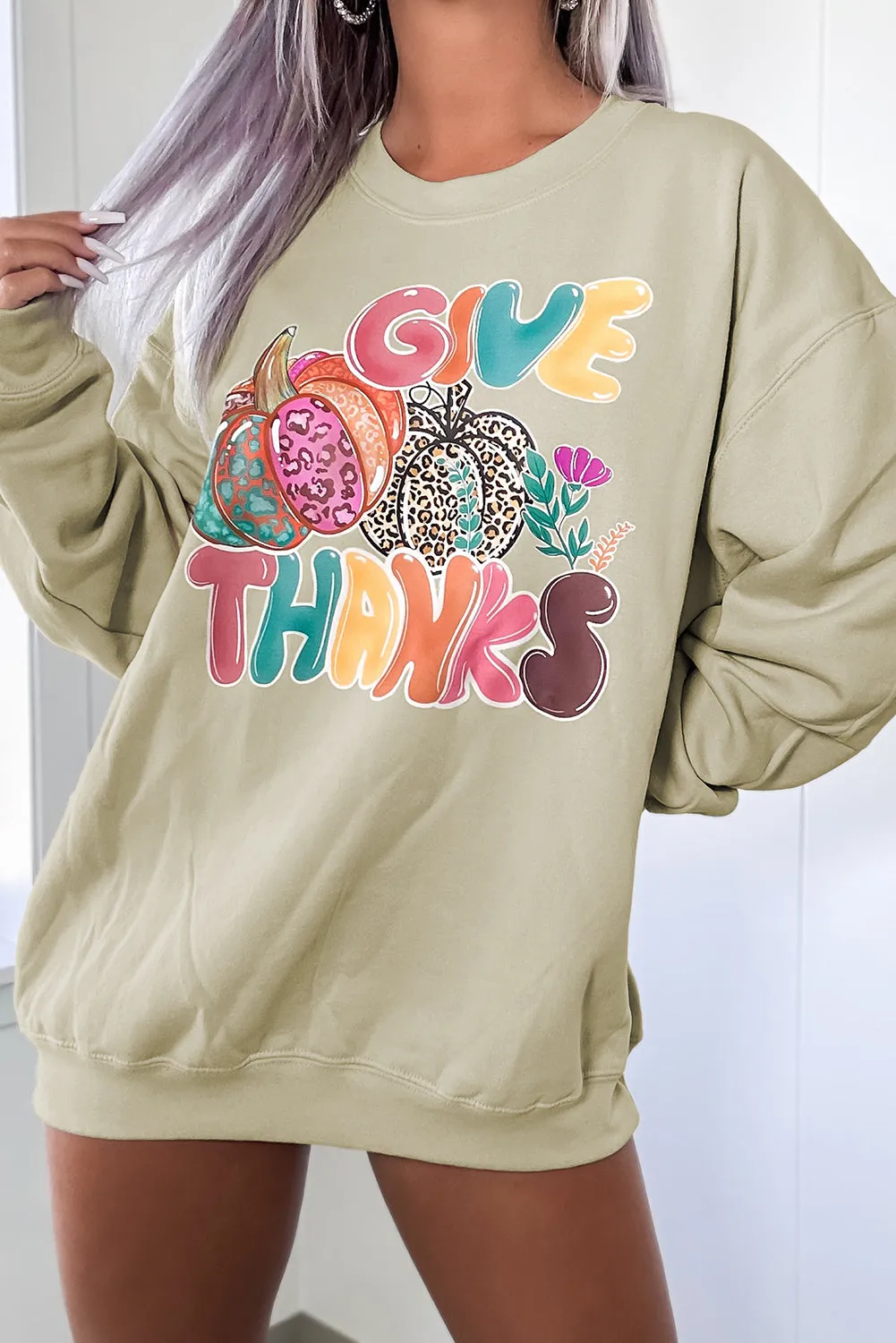 Khaki Give Thanks Pumpkin Print Crew Neck Sweatshirt
