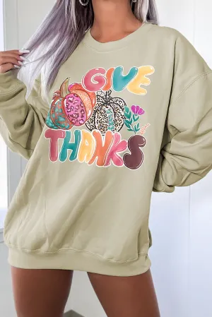 Khaki Give Thanks Pumpkin Print Crew Neck Sweatshirt