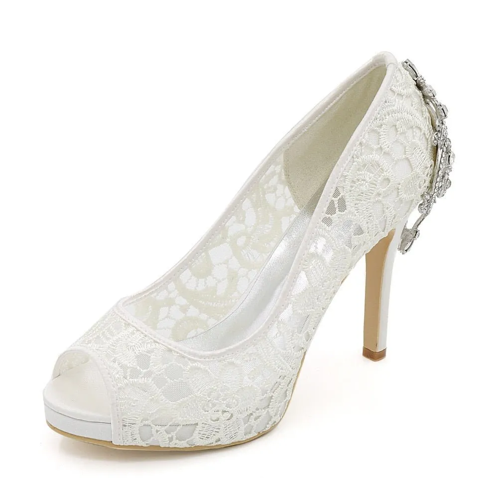 Lady platform open toe lace pumps with crystal