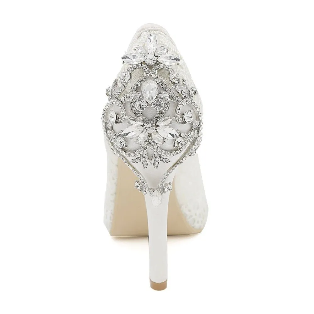 Lady platform open toe lace pumps with crystal