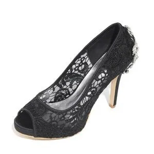Lady platform open toe lace pumps with crystal
