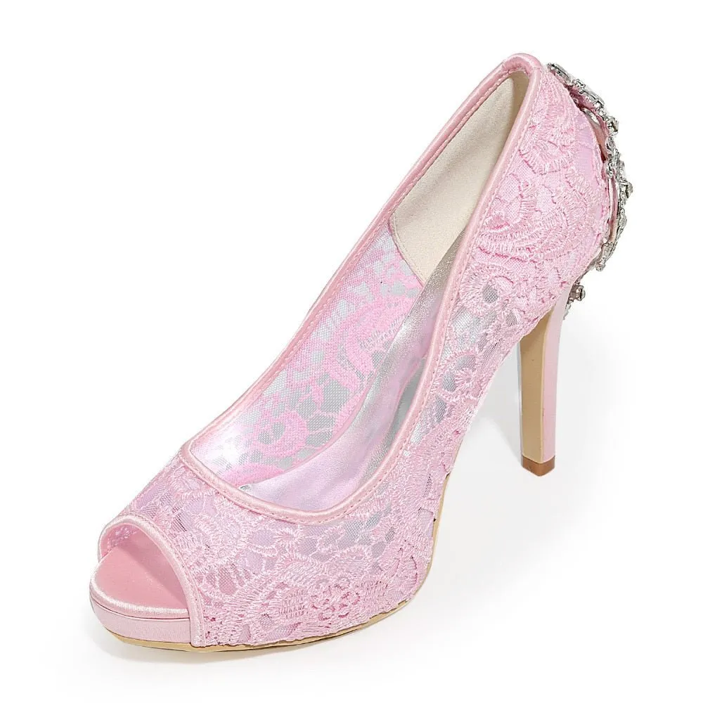 Lady platform open toe lace pumps with crystal