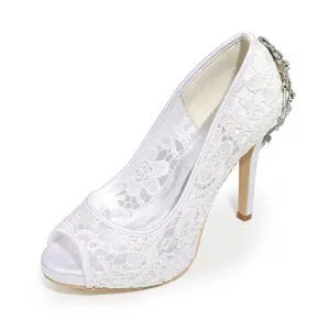 Lady platform open toe lace pumps with crystal