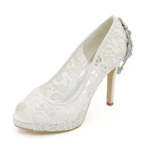 Lady platform open toe lace pumps with crystal
