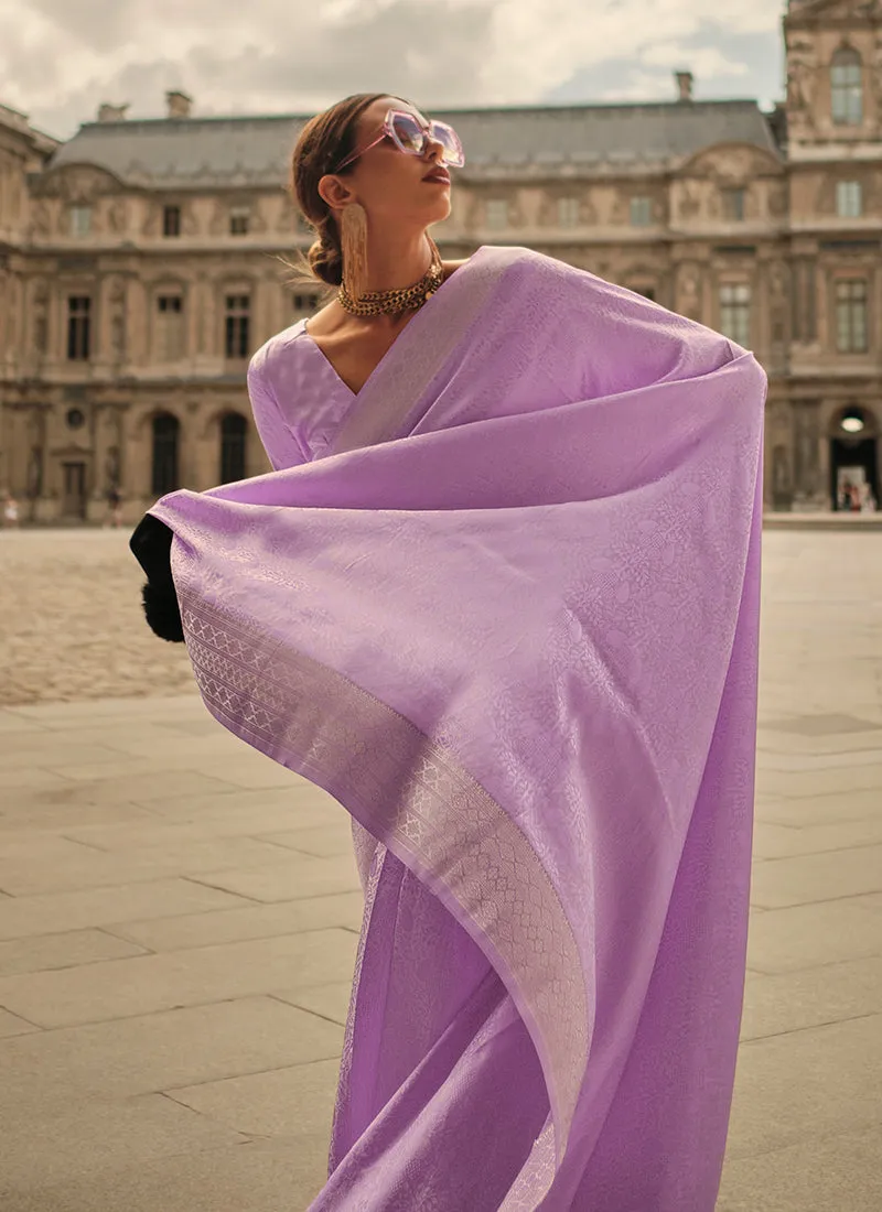 Lavender Purple Brocade Weaved Handloom Silk Saree