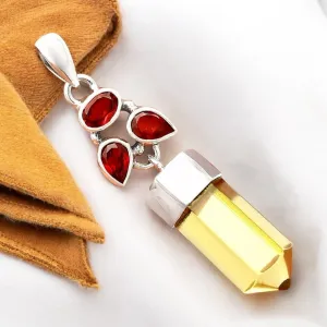 Lemon Quartz & Garnet Solid 925 Sterling Silver Pendant