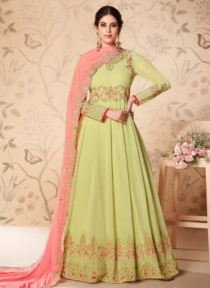 Light Green And Pink Floral Embroidered Anarkali Suit